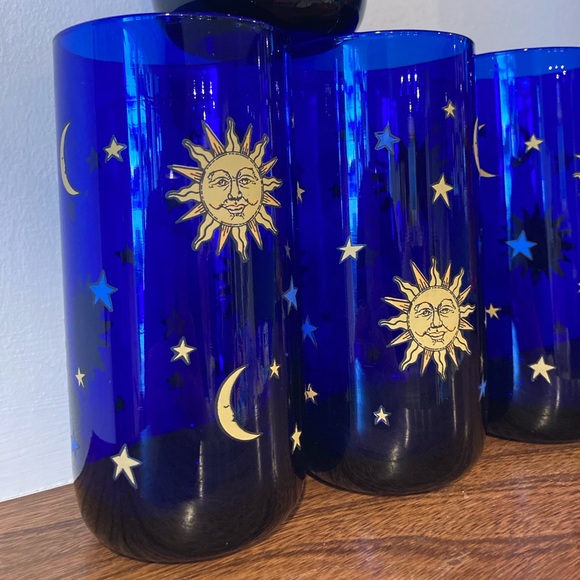 RARE Vintage Libbey Cobalt Blue Celestial Tumblers Sun Moon Stars Glass set of 4 - Picture 6 of 12